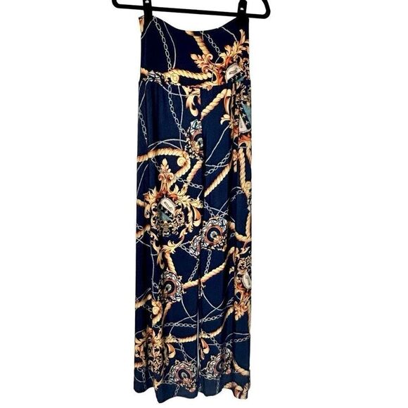 Fashion Nova Printed Soft Stretch Palazzo Wide Leg Pull-On Pants Navy Gold Small - Picture 4 of 5